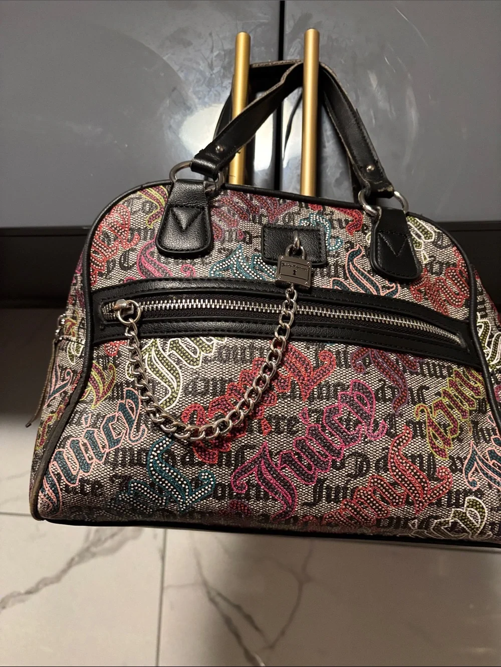 Juicy Couture Multicolor Logo Print Dome Satchel with Black Trim w:straps